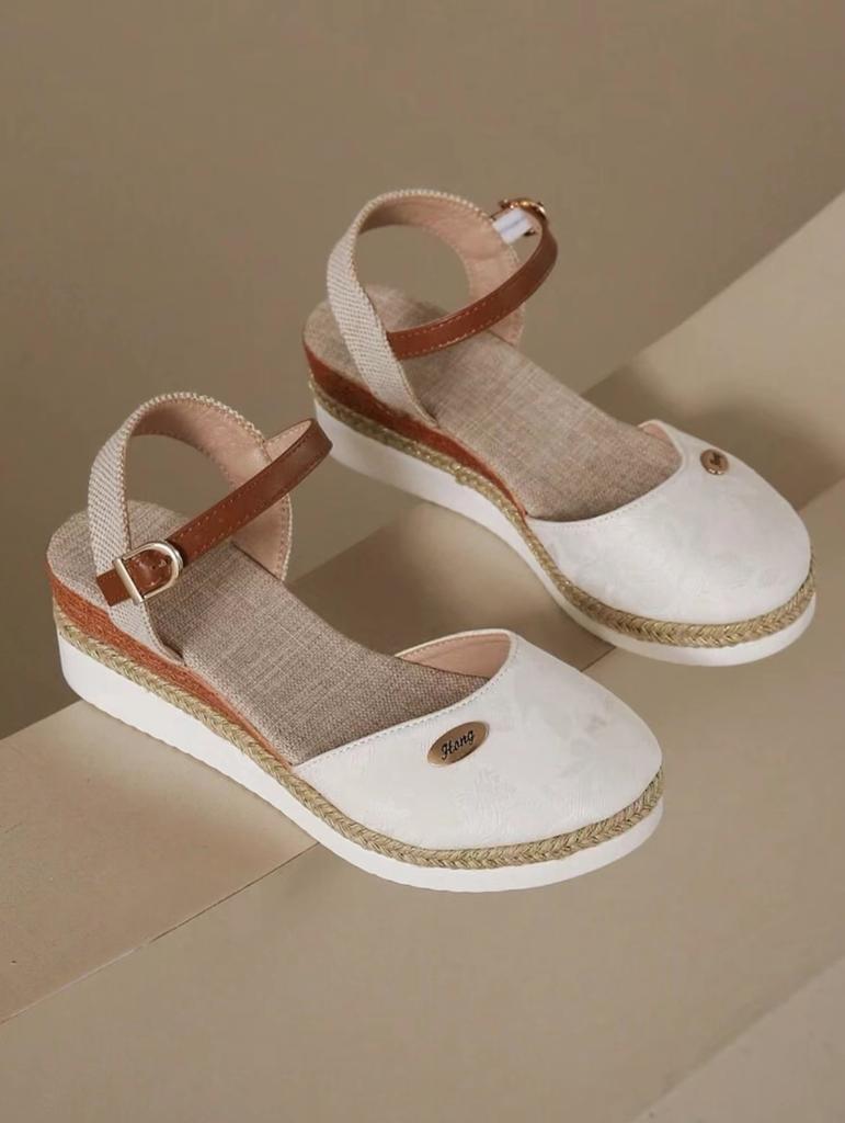 Fashion Large Size Color Matching Closed Toe Sling Back Sandals Wedge Heel Lightweight Hemp Rope Braided Buckle Women's Shoes Thick Sole