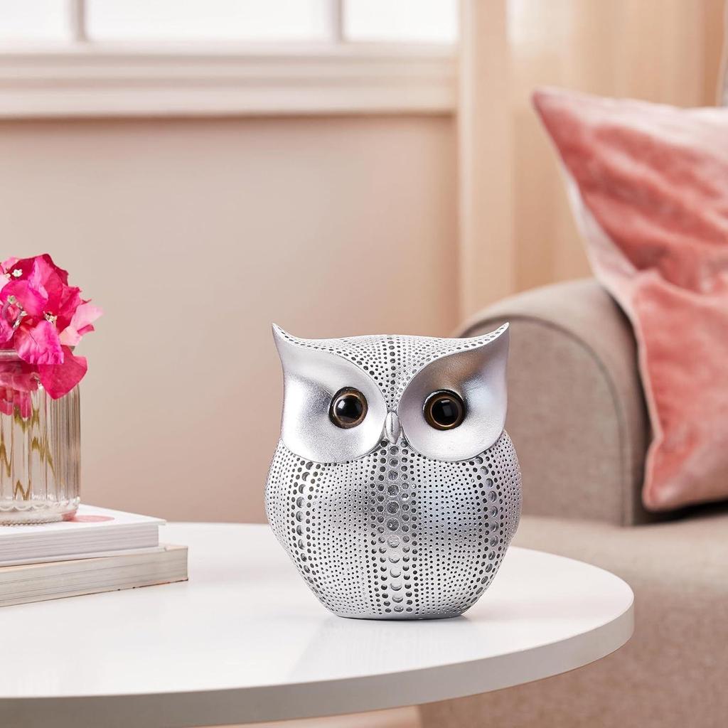 Modern Classy Happy Owl Resin Art Figure Showpiece (Pack of 1, Silver)