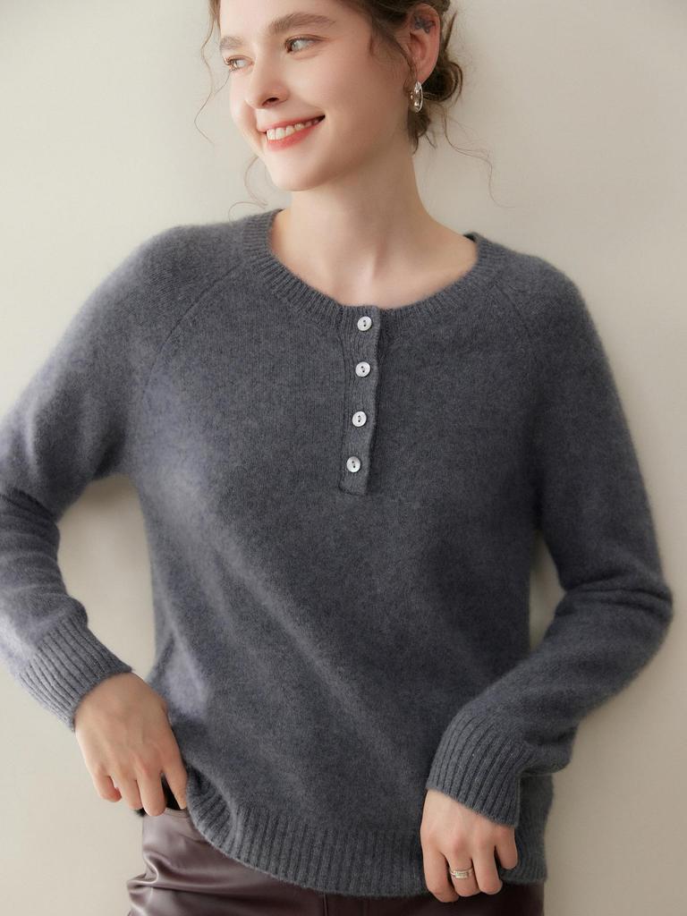 Autumn/Winter Women's Cashmere Knit Slimming Round Neck Button Sweater