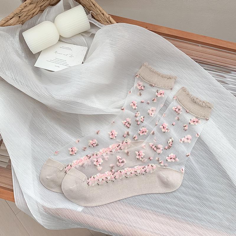 

Весенне-летние носки до середины икры из цветочного кружева - Женские тонкие, устойчивые к зацепкам, дышащие, прозрачные хлопковые носки с маленьким цветочным узором.