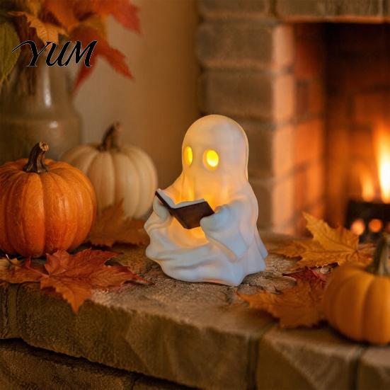 Kawaii Ghost Statue Cute Reading Book Lamp, Lighted Figurine with Warm LED Bedroom Bedside Lamp Light, Halloween Night Light for Mantel Shelf
