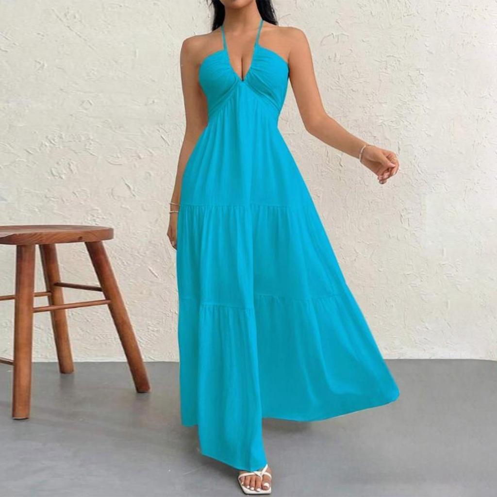 Maxi Abito da Donna Senza Maniche con Scollo all'Americana Schiena Scoperta con Lacci Estivo da Spiaggia Casual Lungo per Vacanze e Tempo Libero