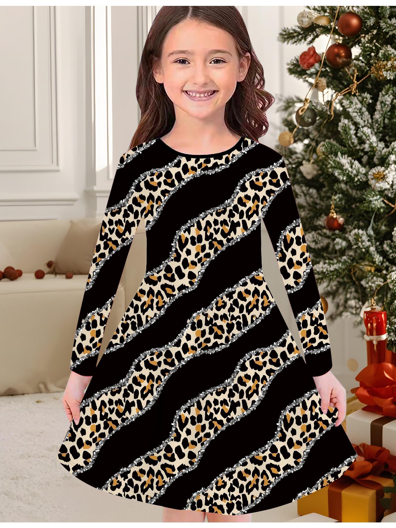

Girls Autumn and Winter Fashion Dress, 3D Vintage Pattern Print Round Neck Long Children s T-shirt Dress, Casual Versatile, Christmas Clothing 100