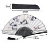 White fan with cat featuring three spotted cats in an antique ink painting Includes a black brocade fan design, style. case.