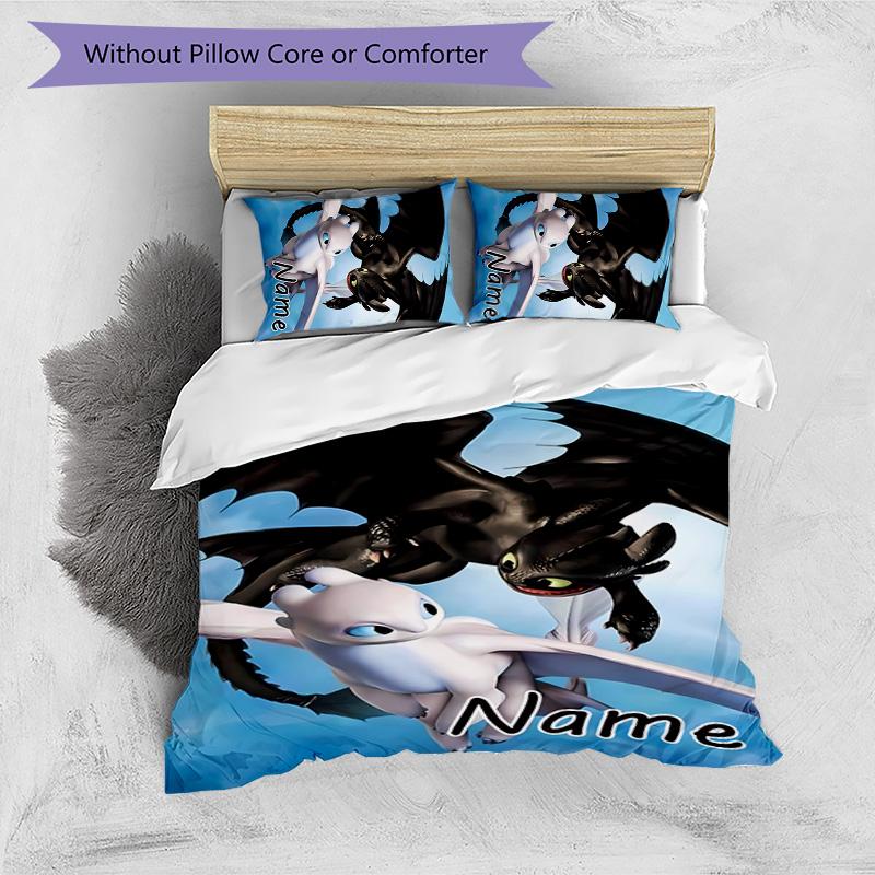3pcs Toothless Cover Set - Personalized Name, HD Printed Bedding with 1 Cover and 2 Pillowcases - Perfect for Home Decor, Easy Care