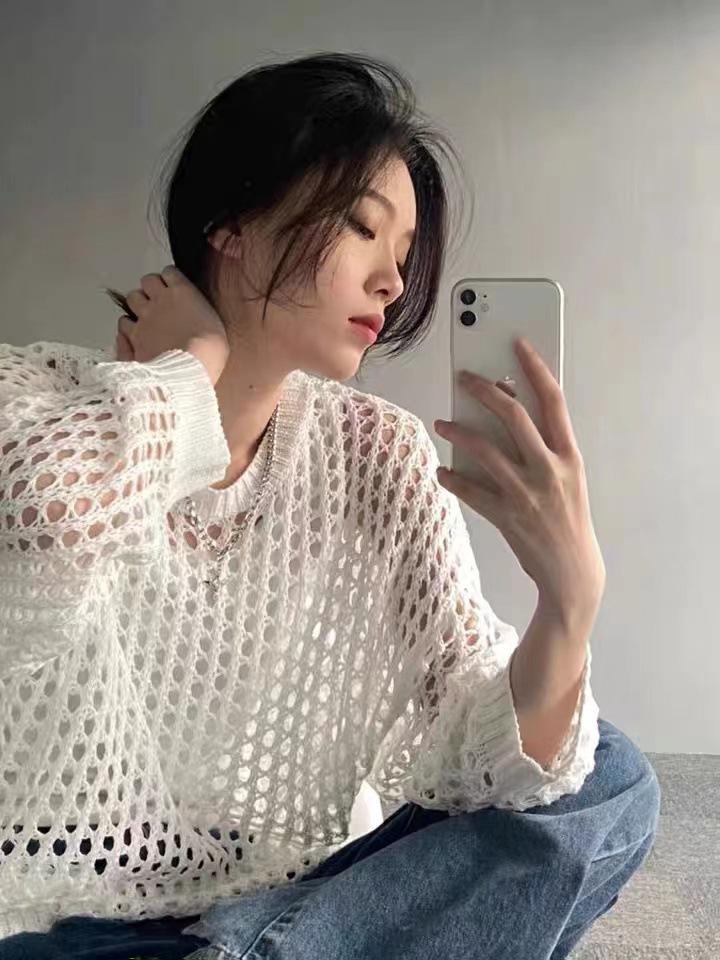 2025 Women's Korean Knit Hollow-Out Sun Protection Cardigan - Summer Thin, Loose Long-Sleeve Design
