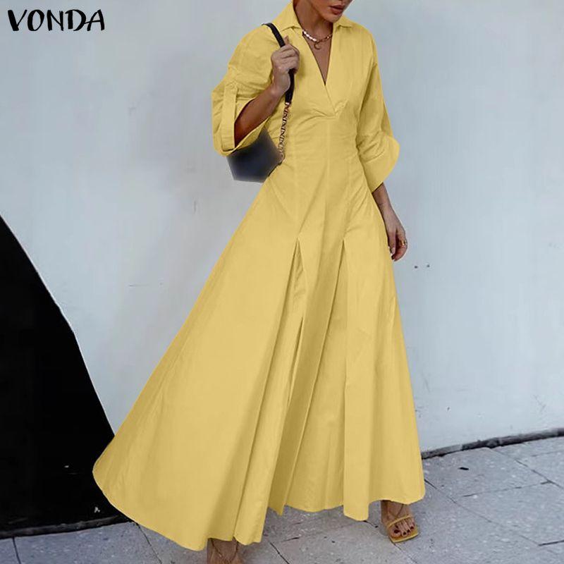

VONDA Женское повседневное платье с лацканами, V-образным вырезом, длинными рукавами, А-силуэта, плиссированное 2XL жёлтый