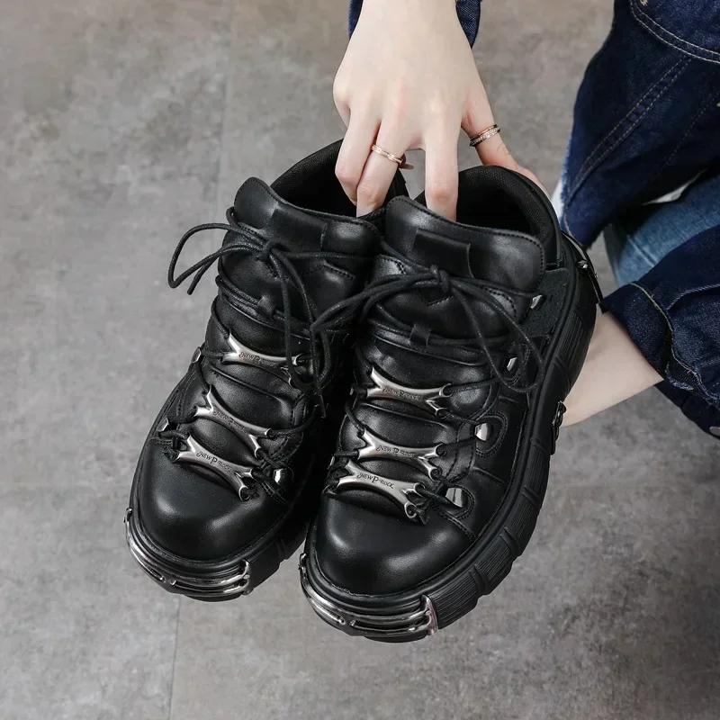 Fashion Sneakers Women NEW Punk Style Shoes Lace-up Heel Height 6CM Platform Shoes Gothic Ankle Rock Boots Metal Decor Woman Sneakers