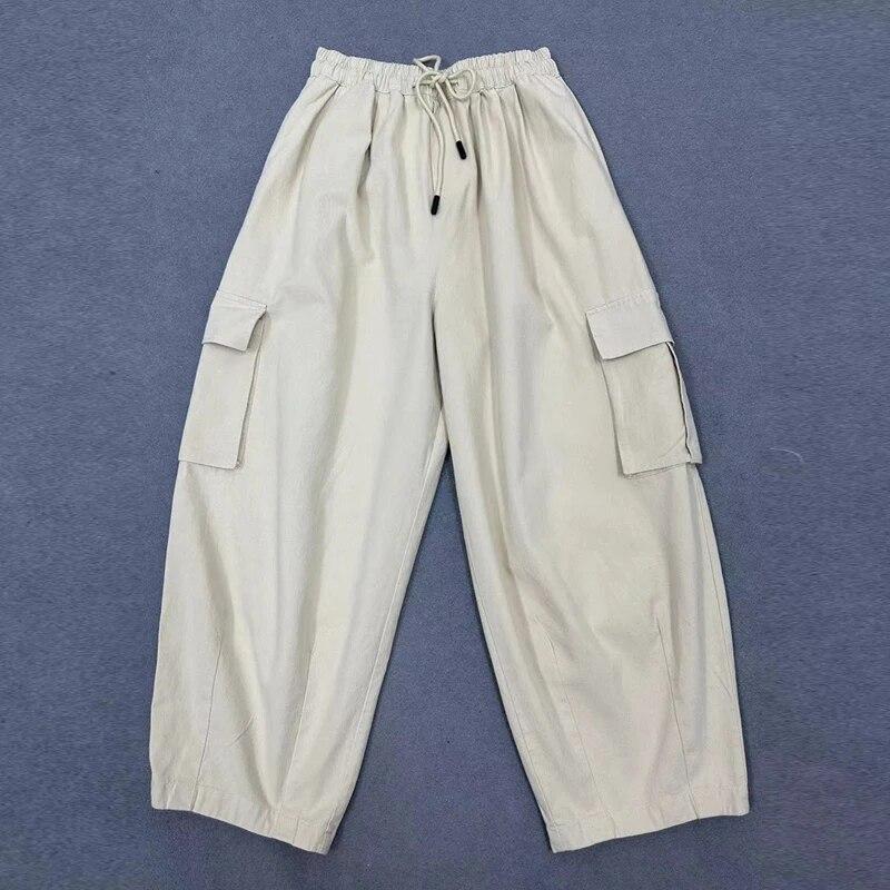 Johnature Spring Minimalist Classic Solid Color Drawstring Elastic High Waisted Casual Pants Women Workwear Pockets Harlan Pants