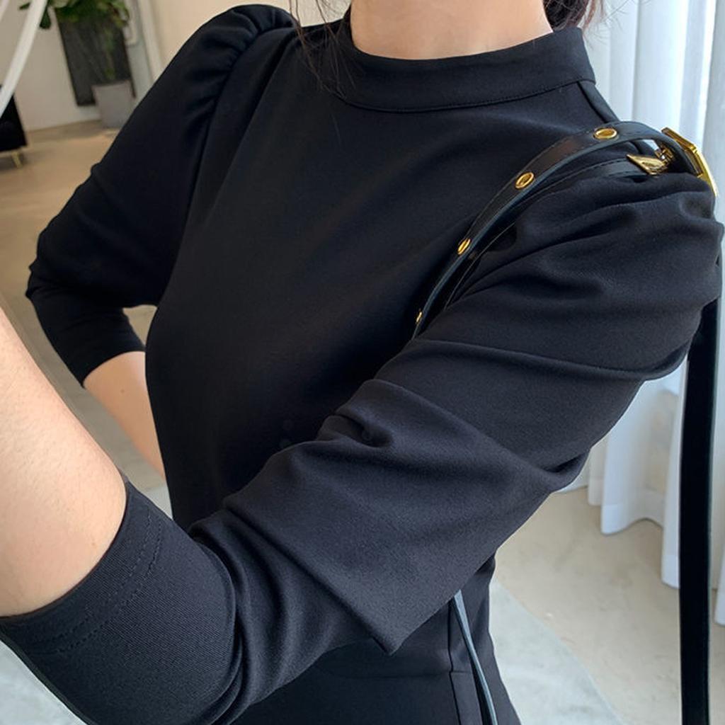 Women's Fashion Black Round Neck Long Sleeve Sexy Temperament Waist Slim Long Swing Skirt Dress