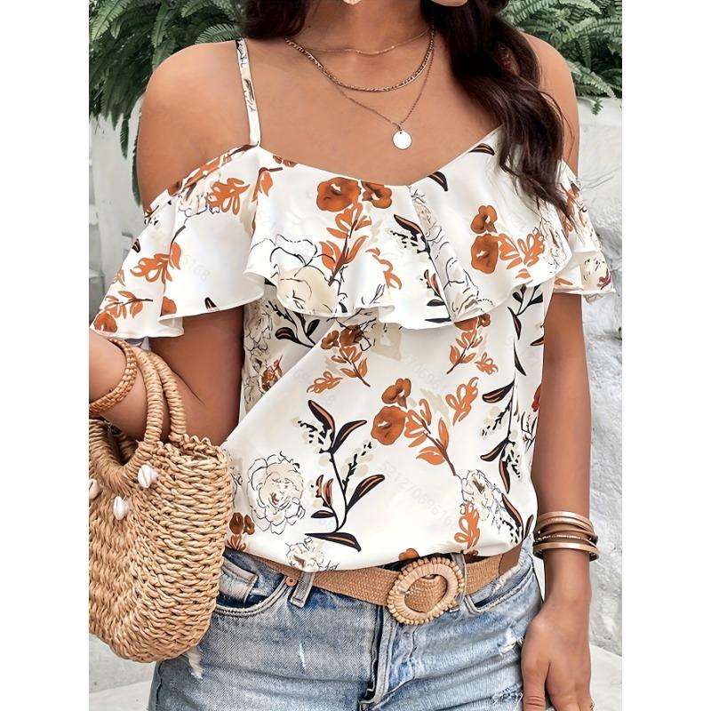 Women's Floral Print Off-the-shoulder Ruffled Spaghetti Strap Summer New Style Bohemian Top