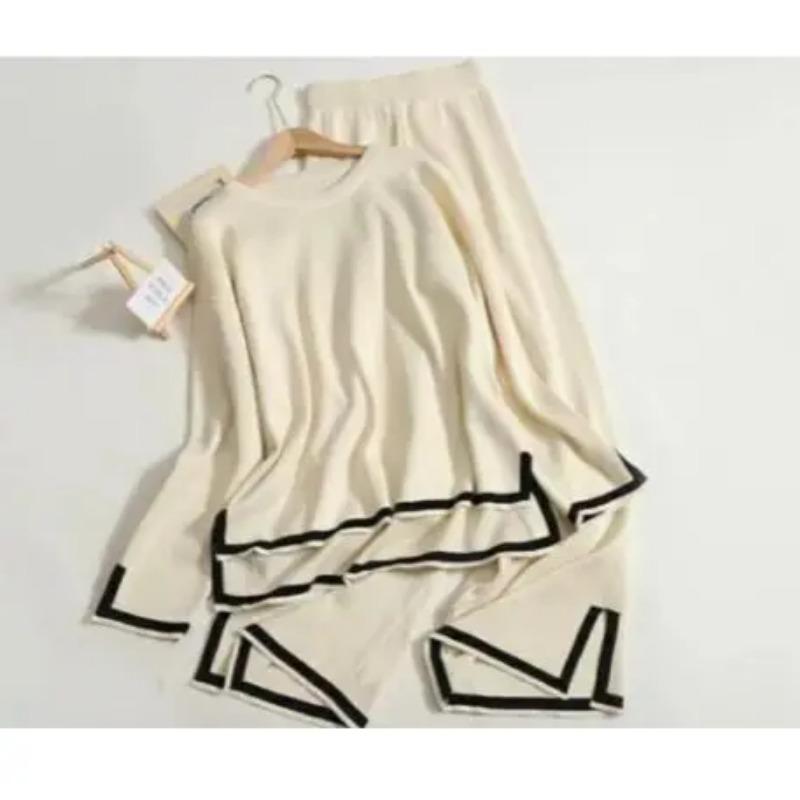 

Элегантный костюм с длинными рукавами и боковыми разрезами, свитер, широкие брюки, комплект из 2 предметов, женская осенняя однотонная повседневная толстовка XL абрикосовый