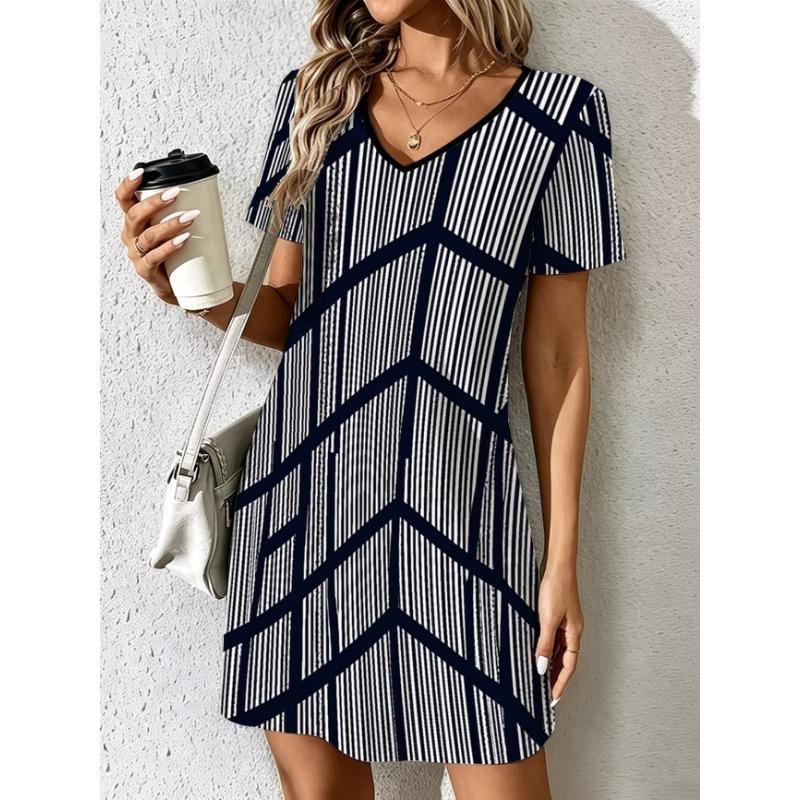 Ladies Summer V-Neck Short Sleeve Casual Dress Fashion Colorful Geometric Print Dress Elegant Women's Clothing
