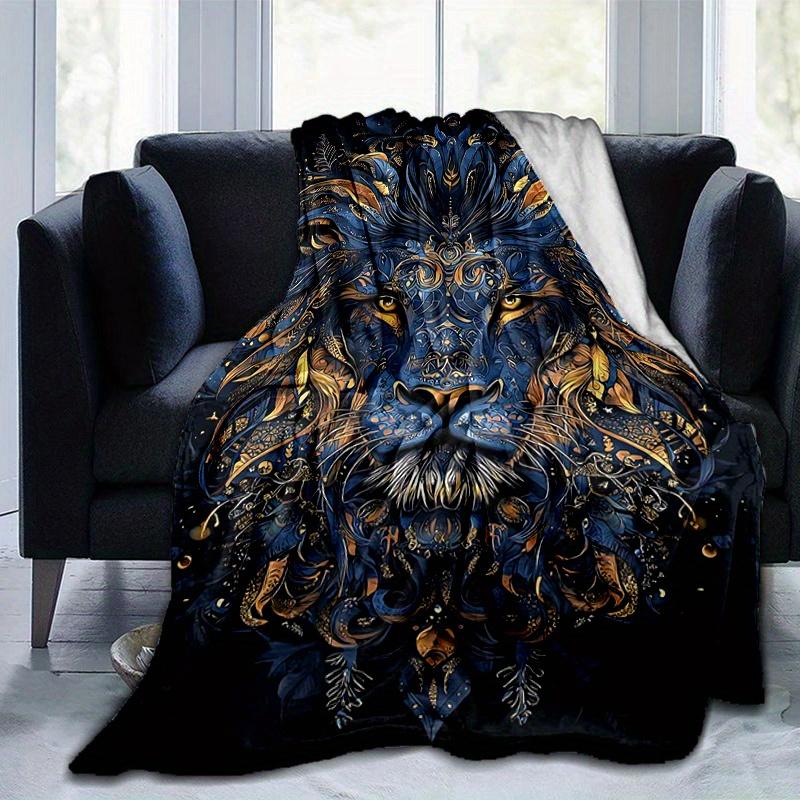 1pc Blue and Gold Ornate Lion Portrait Blanket  Soft and Cozy for All Seasons, Living Room, Travel, Camping, Car Blankets