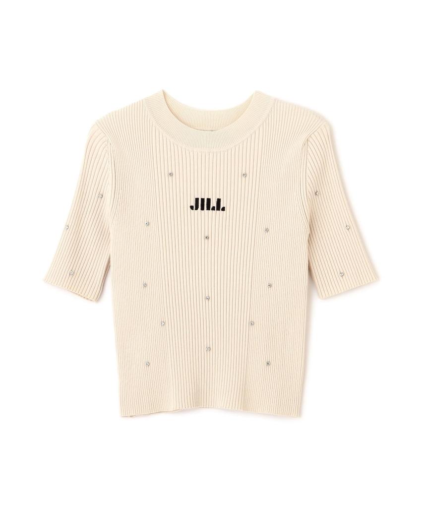 Jill by Jill Stuart Women's Ecru Short Sleeve Sweater with Jeweled Compact Logo