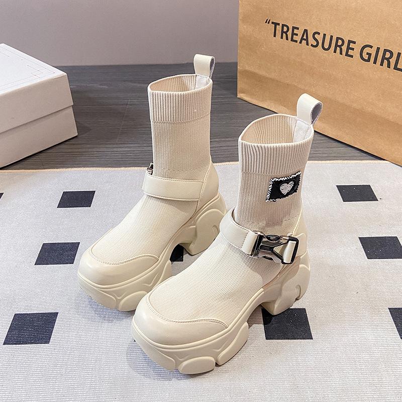 fashion 2024 New Brand Punk Style Women Shoe Platform Shoes Rock Boots Minimalist Style in Stretch Cloth Thick Bottom Street Shot Knight