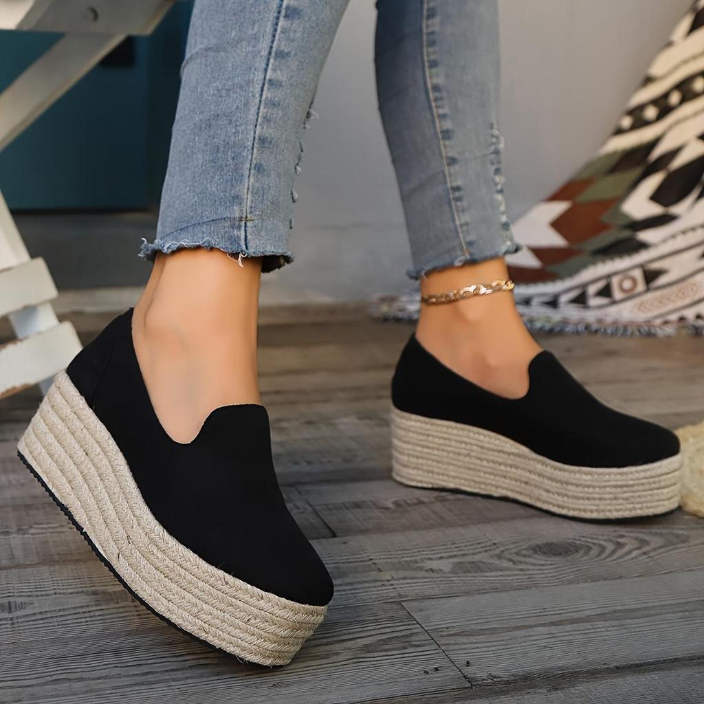Sandali da Donna con Zeppa Espadrille Neri - Scarpe Piattaforma Comode Slip-On con Tomaia Coprente, Suola Spessa in Gomma e Punta Arrotondata, Sandali con Laccetti