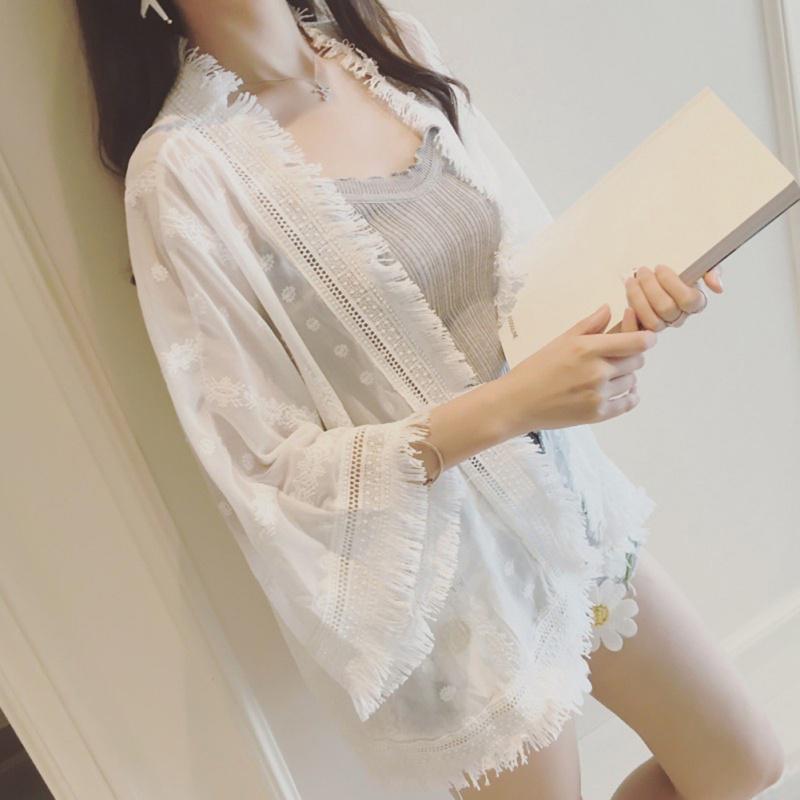 Women Lace Embroider Loose Chiffon Tops Summer Beach Cover Up Tassel Cardigan