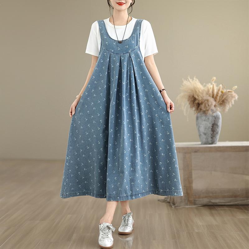 DIMANAF Women 2025 New Plus Size Summer Denim Dress Vintage Printing Loose Casual Basic Belt Dresses Maxi