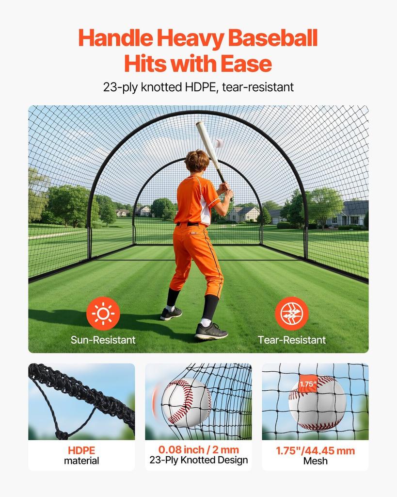 Baseball Batting Cage, 6060 x 3660 x 2500mm Freestanding Portable Batting Cage, Hitting Cages with 30-Ply Knotted HDPE & Pitching Machine Opening,
