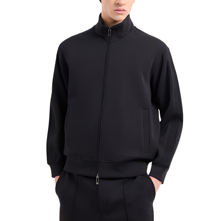 Emporio Armani Solid Color Stand Collar Embroidered Strap Zipper Hoodie Men hoodies Black 6D1MA8-1JHSZ-0999