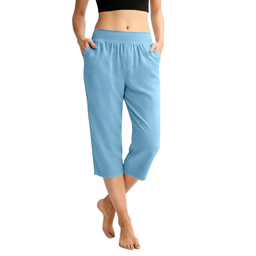 Women Elastic High Waist 3/4 Pant Casual Fit Wide Capris Leg Pants Trousers With Pockets