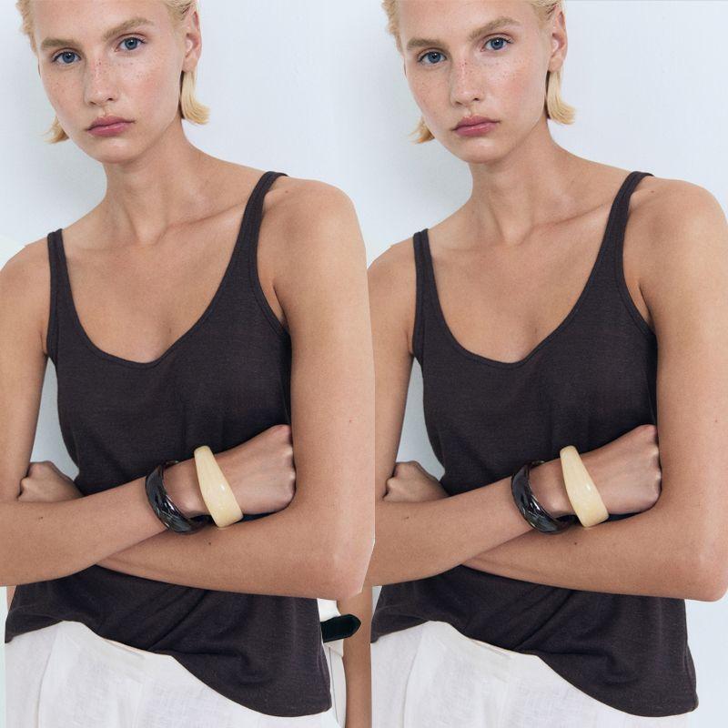 Linen Vest French Style UK Spaghetti Strap Cotton Top Cami Vest Sexy White Large U-Neck Thread Export