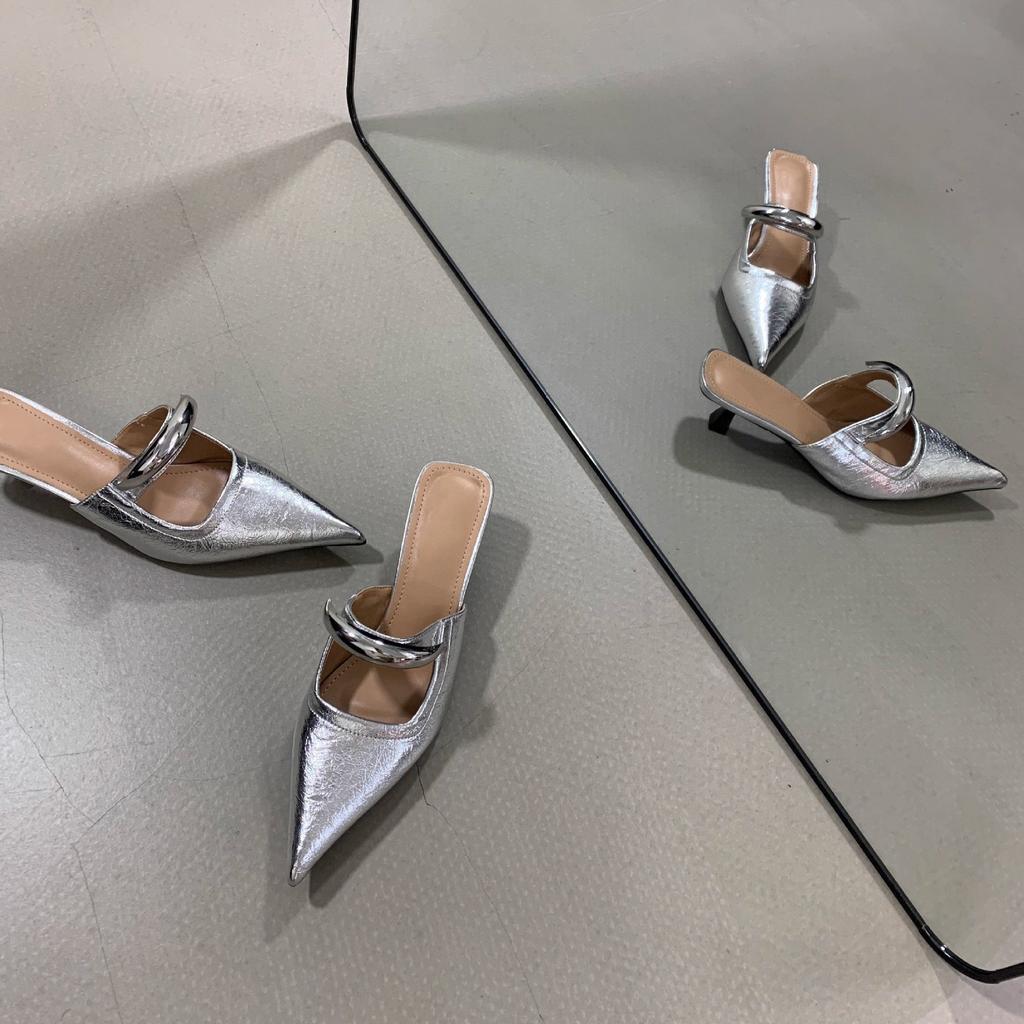French Pointed Toe Bag Head Half Slippers Women's 2025 New Outer Wear Thin Heel Medium Heel Soft Leather Soft Bottom Slippers