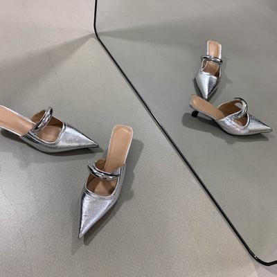 Pointed Toe Bag Head Half Slippers Women's Outer Wear Thin Heel Medium Heel Soft Leather Soft Bottom Slippers