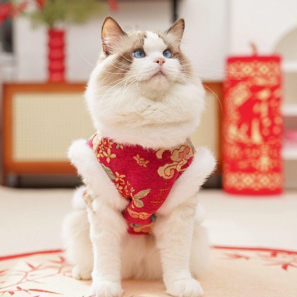 Cute Thick Velvet New Year's Dog Cat Clothing Chinese Style Comfortable Cat Dog Vest Soft Tang Clothing Pet Coat Autumn Winter