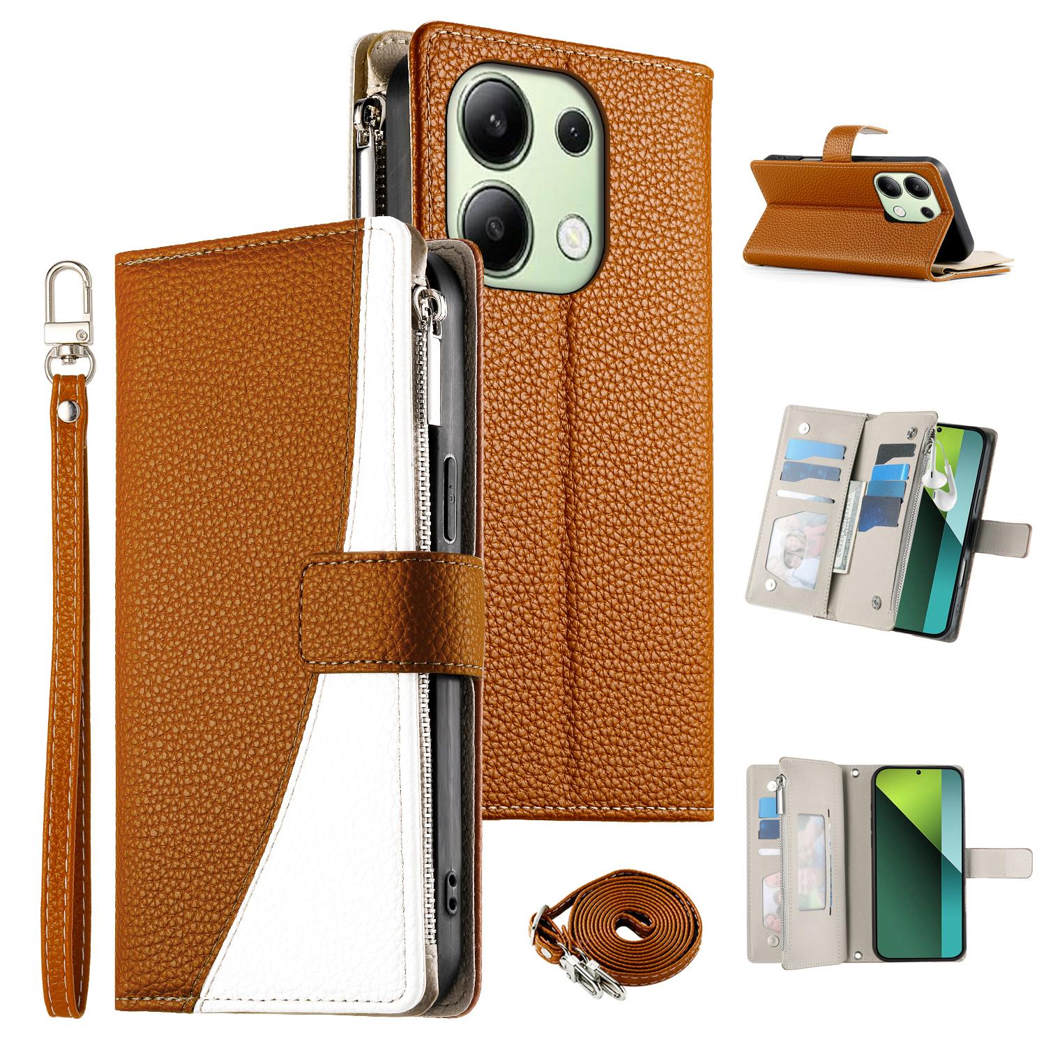 

For Xiaomi Redmi Note 13 4G Case Zipper Wallet Color Splicing Leather Flip Phone Cover with Straps Brown