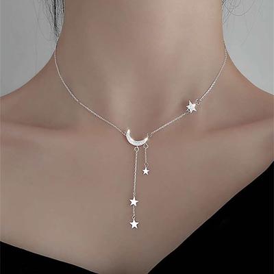 Silberfarbene, elegante Halskette mit Quaste, Stern und Mond, modischer Schmuck für Damen im minimalistischen Stil, perfekte Geburtstagsgeschenke für Eid