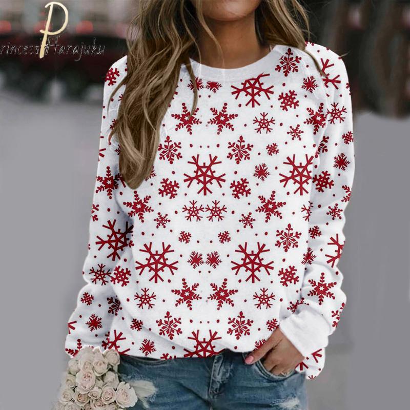 

Повседневная толстовка с длинными рукавами с рождественским принтом, блузка, пуловер, рождественский вязаный пуловер, свитер, топ, джемпер, женская толстовка XS