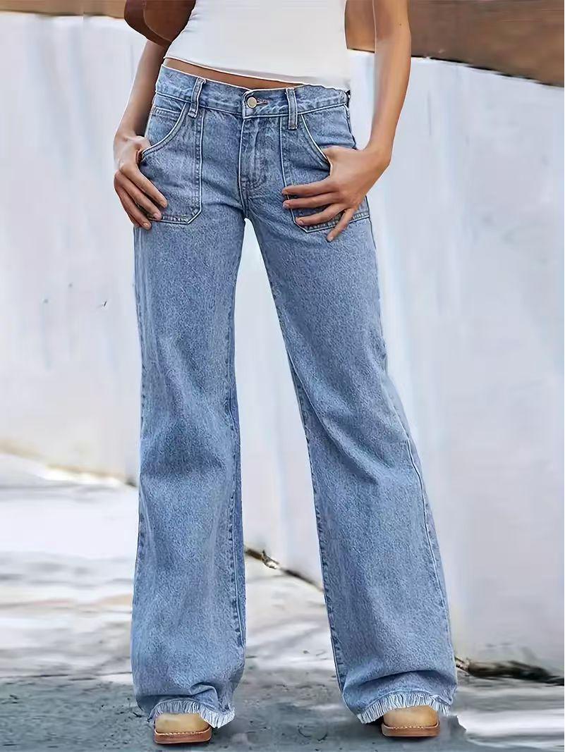 2026 Spring/Summer Women s Retro Frayed Hem Wide-Leg Jeans with Big Pockets Large