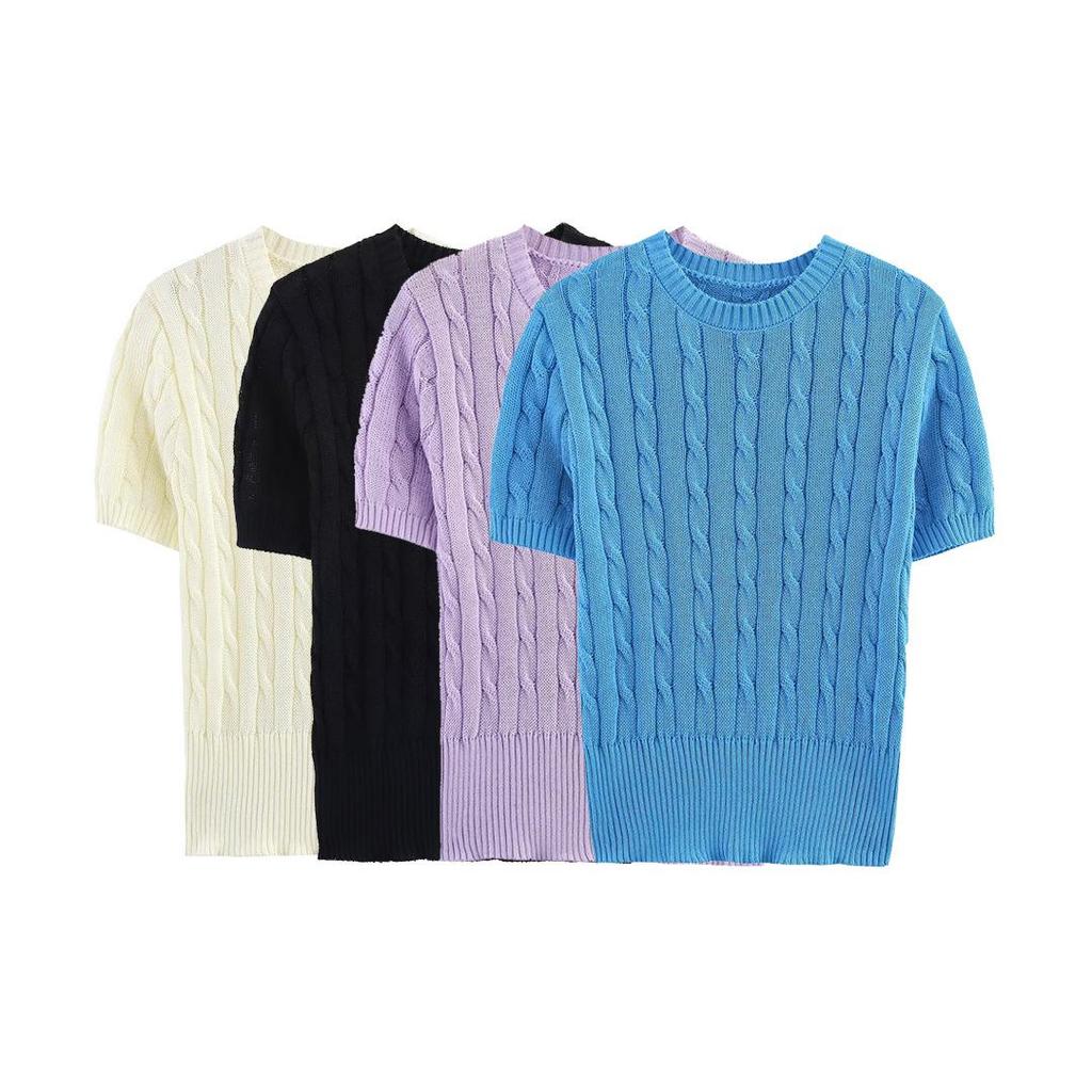 Spring 2025 Women's European-American Style Eight-Strand Braid Knit Top - Slimming, Short Sleeve, Round Neck