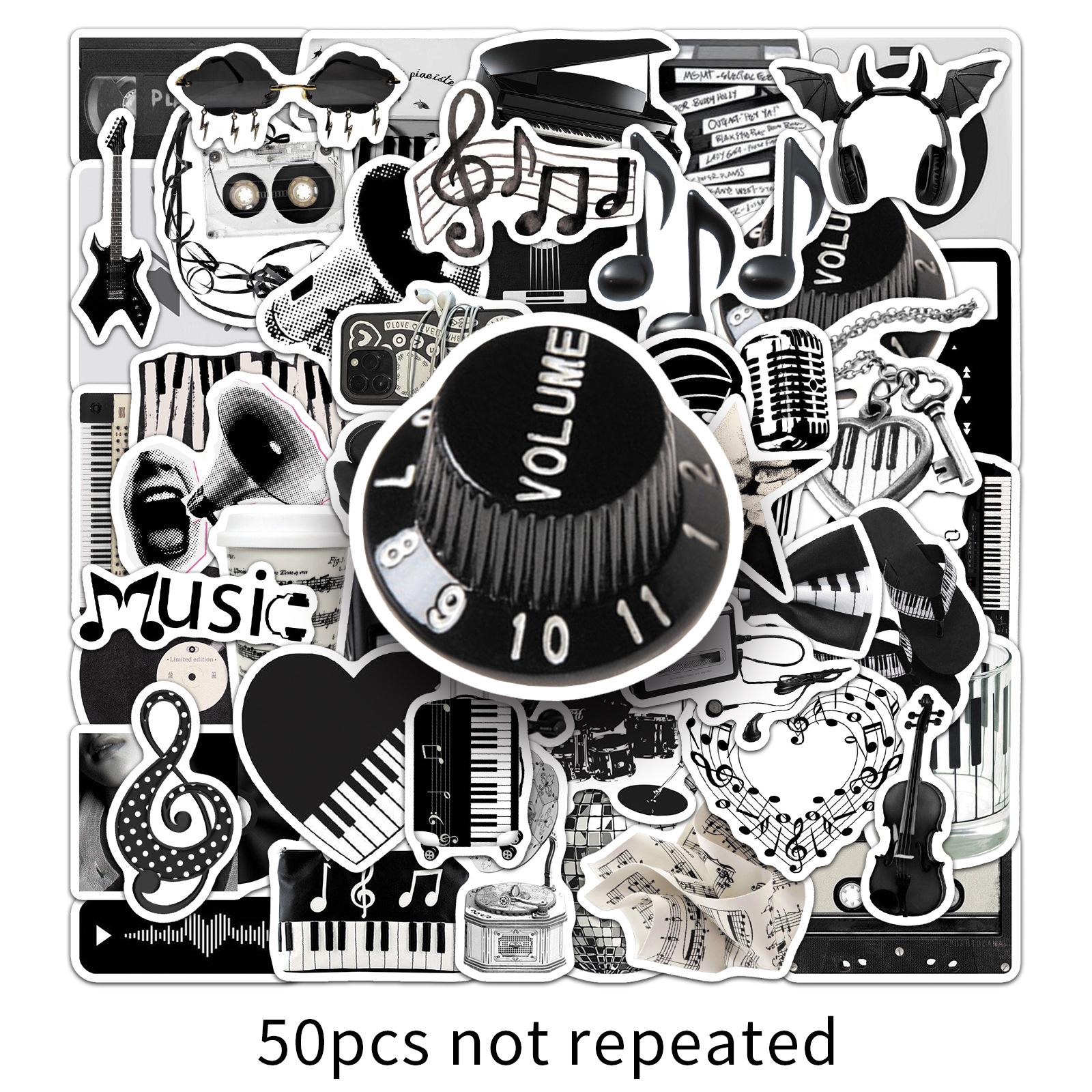50 Black & White Music-Inspired Waterproof Stickers: Creative DIY Cartoon Records Stationery Box