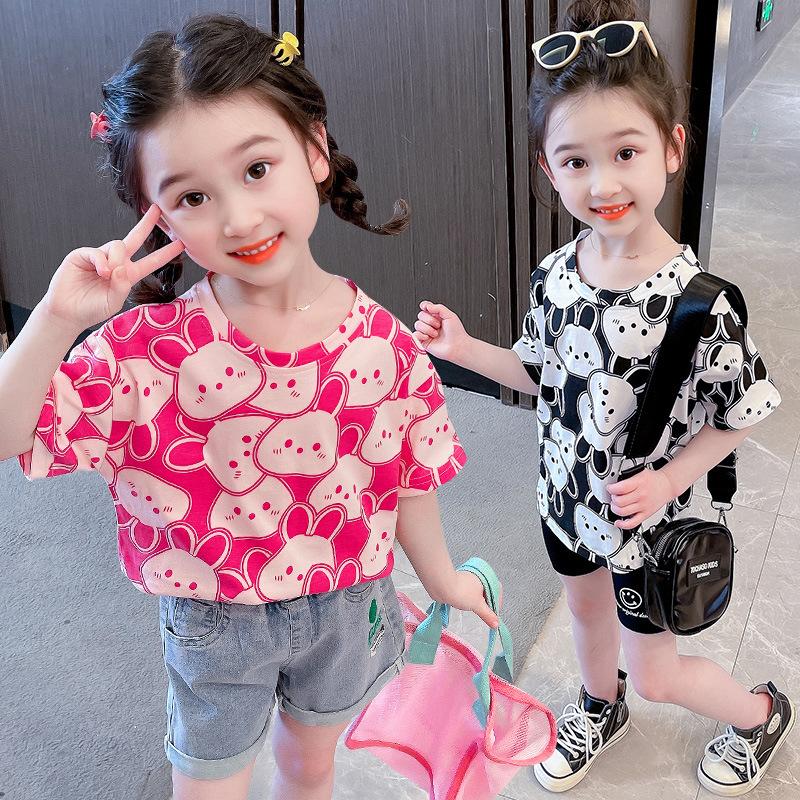 Summer Girls Cute Cartoon Rabbit Print Round Neck Short Sleeve T Shirt
