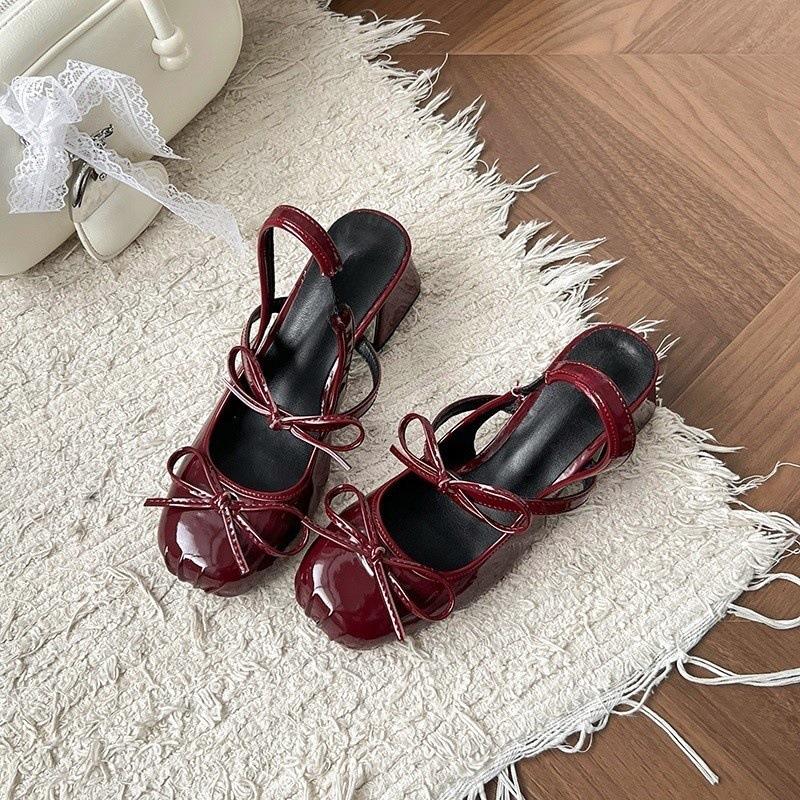 Silver Baotou Premium Mary Jane Sandals Thick Heel Bow Fairy Style French Pleated Single Shoes High Heel Sandals