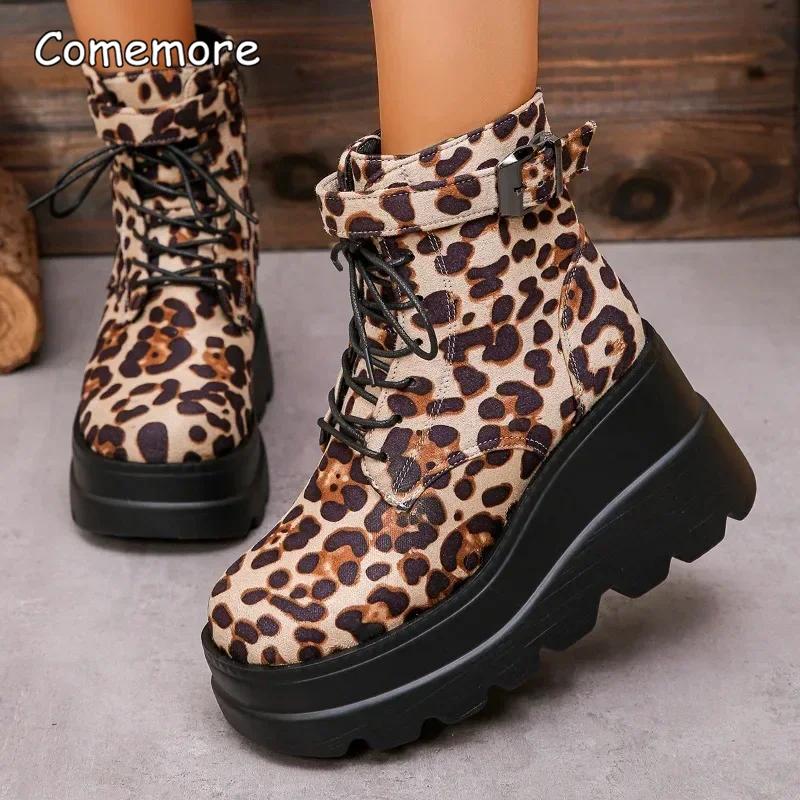 Fashion Women's Shoes 2025 Plus Size Ankle Women's Boots Platform Modern Boots Women Leopard Side Zip Front Lace-up Wedges Shoes Women