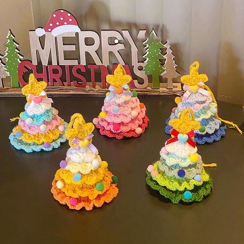 1-5Pcs Christmas Tree Car Pendant Hand Woven Xmas Tree Hanging Ornaments Colorful Crochet Christmas Tree With Bell Holiday Decor