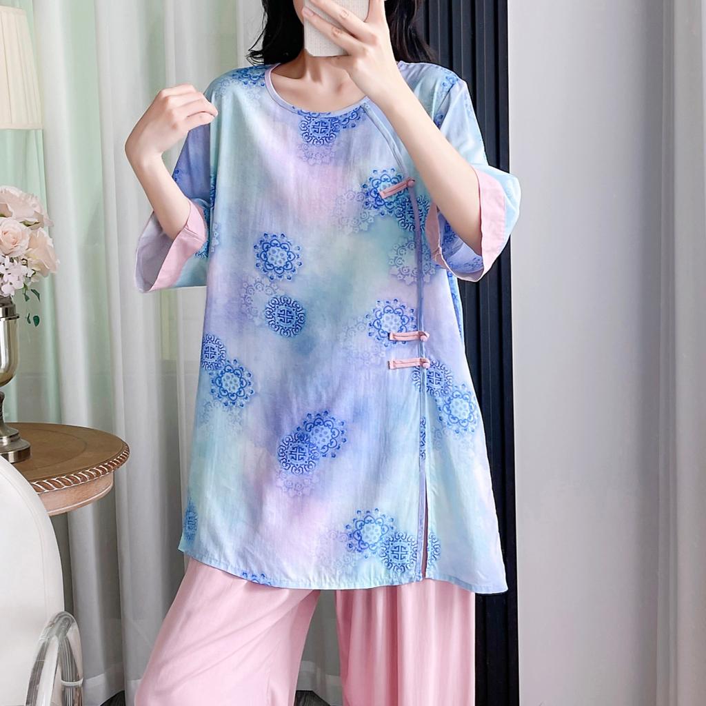 Hanfu pajamas women's spring summer new Chinese-style cotton and silk suit cotton silk medium-sleeved loose loungewear can be worn thin