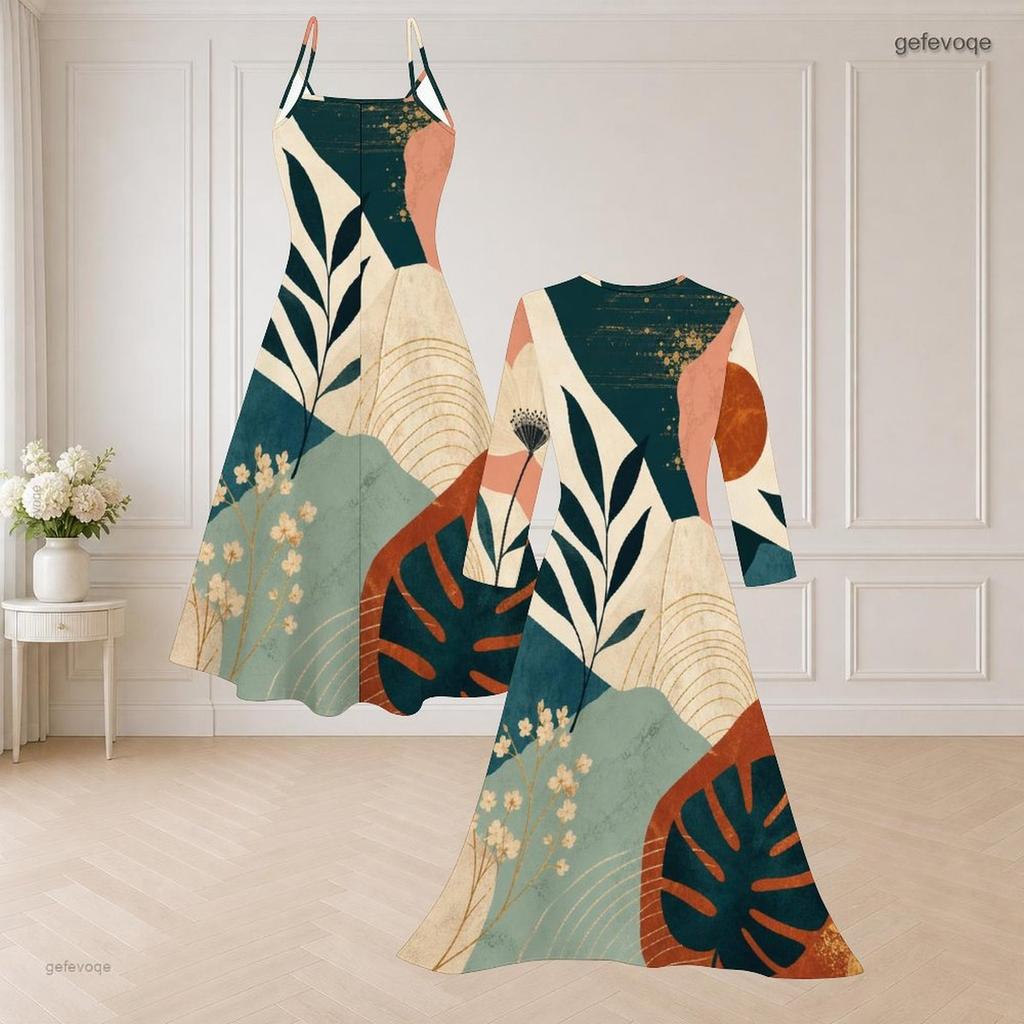 Women Plus Size Printed Two Piece Set Long Sleeve Open Front Cardigan Strappy V Neck Flared Dress