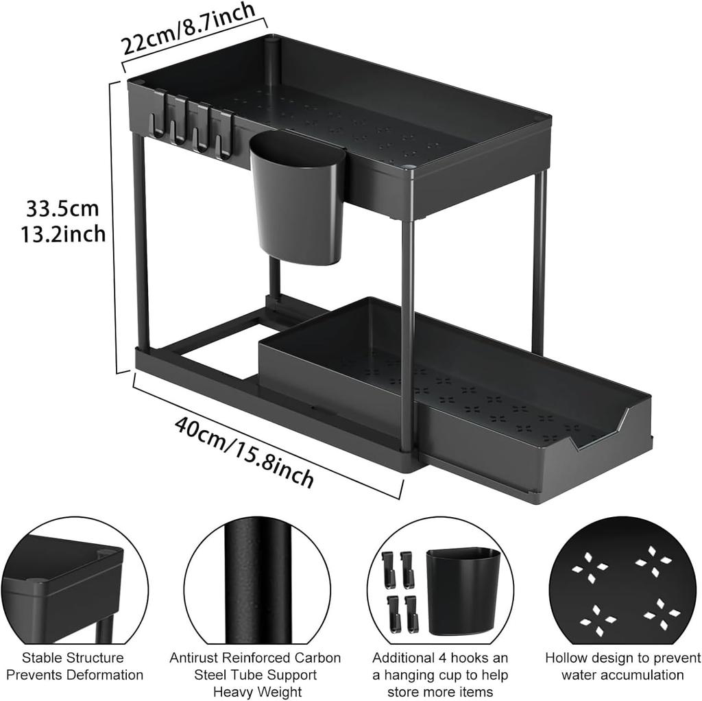 White Double-Layer Drawer Storage Rack, Multifunctional Storage Box with Hooks for Kitchen and Bathroom Countertop Sink Storage