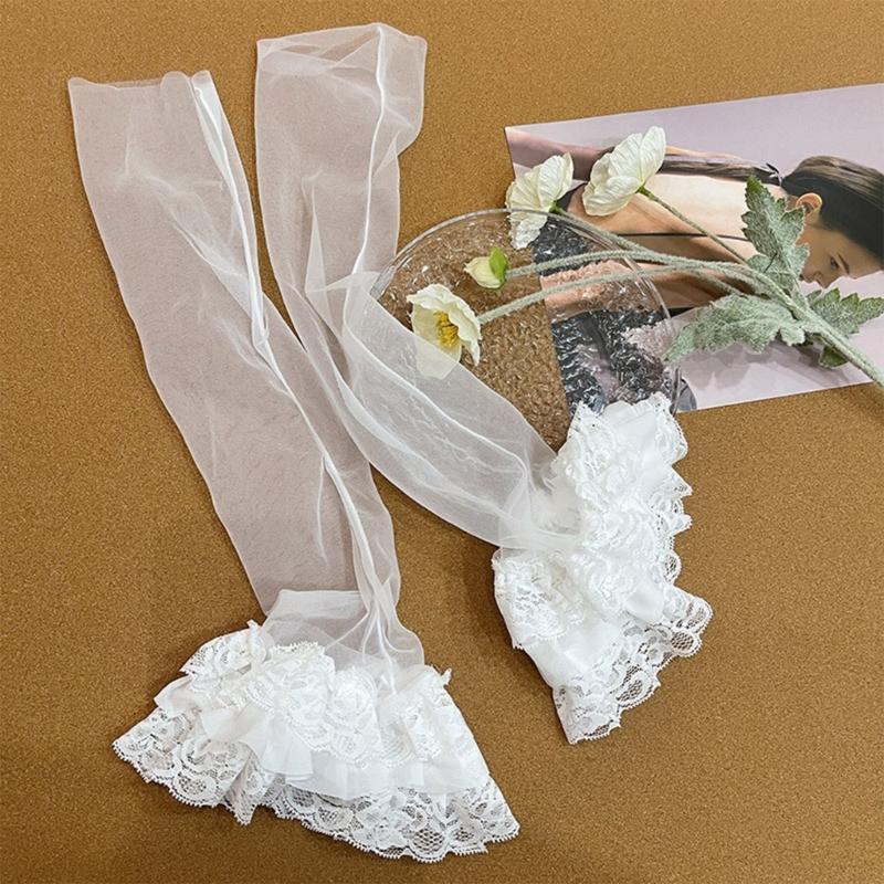 Women Vintage Sheer Mesh Leg Warmer Sleeve Aesthetic Japanese Style Footless Sock Tiered Ruffle Lace Flared Leg Cover
