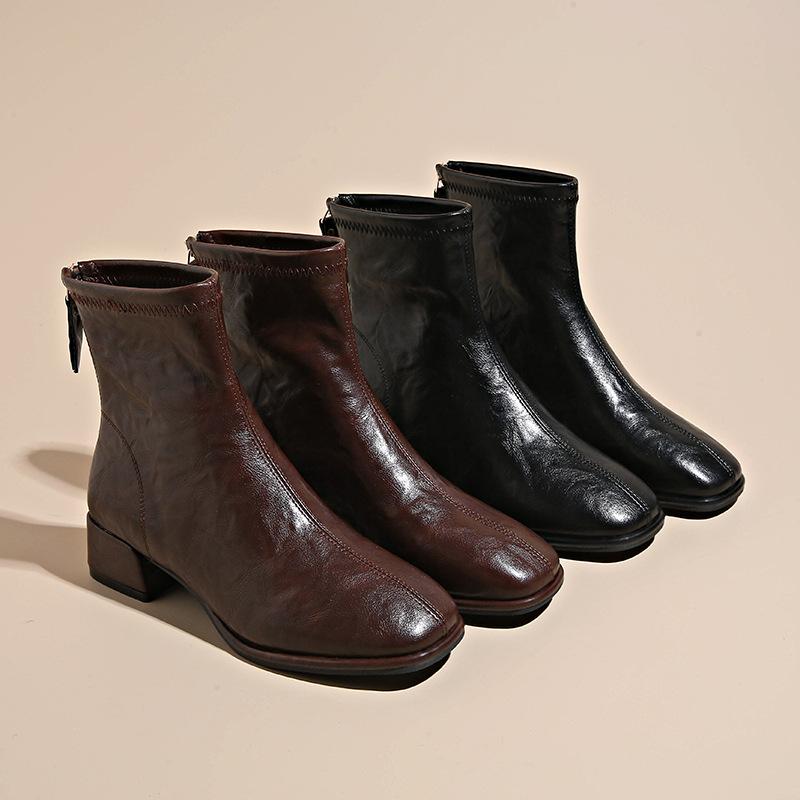 

Minimalist square head thick heel hand scratching elastic thin boots autumn post zipper fashion commuter short boots 34 коричневий