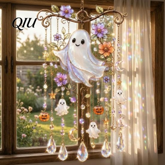 Mysterious Courtyard Landscaping Halloween Wind Chime, Colorful Bird Sun Catcher, Cute Spooky Window Suncatcher Ghost Windchime, Hanging Decoration