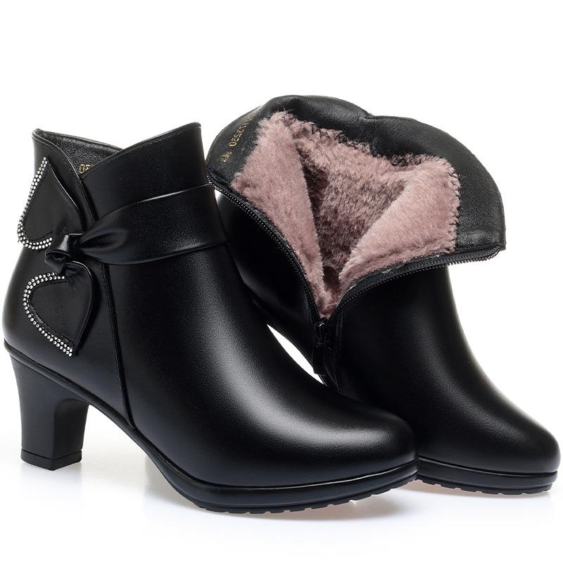 Women High Heels Soft Leather Ankle Boots Autumn Winter Plush Snow Boots Brand Fashion Point Toe Middle Heel Mom Cotton Shoes