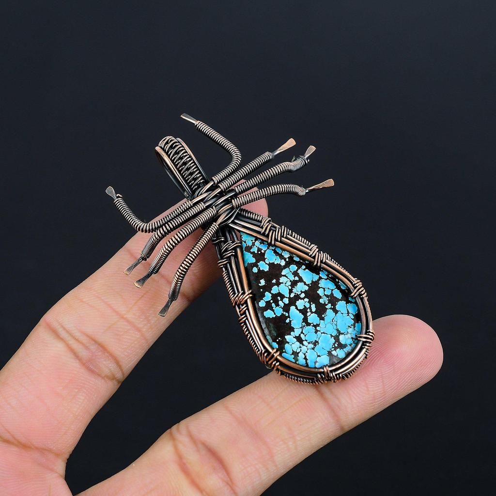 Blue Turquoise Handmade Gemstone Pendant, 999 Copper Wire Wrapped Antique Jewelry Pendant, For Engagement Gift