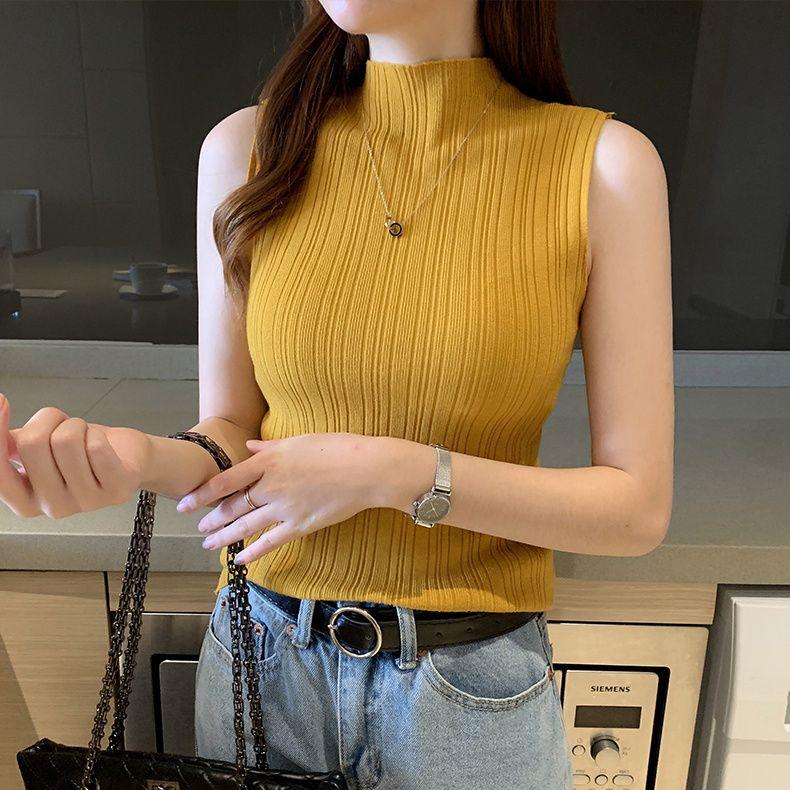 

Весна - Осень Приталенный Тонкий Вязаный Безрукавный Жилет Внутренний Слой Водолазка Базовый Слой Короткий Топ L жёлтый