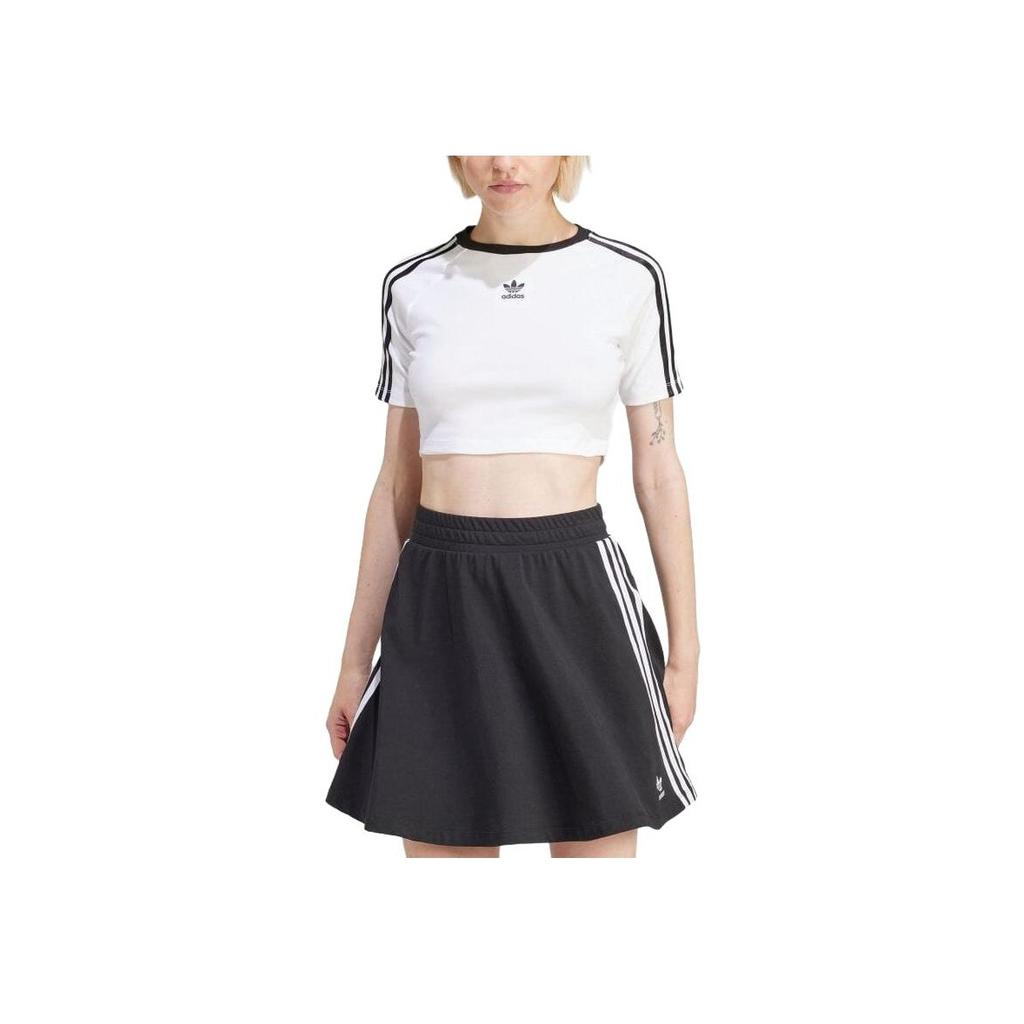 Adidas Originals Logo Print Contrast Three-Stripe Crop Short Sleeve T-Shirt Women Tops White IP0662
